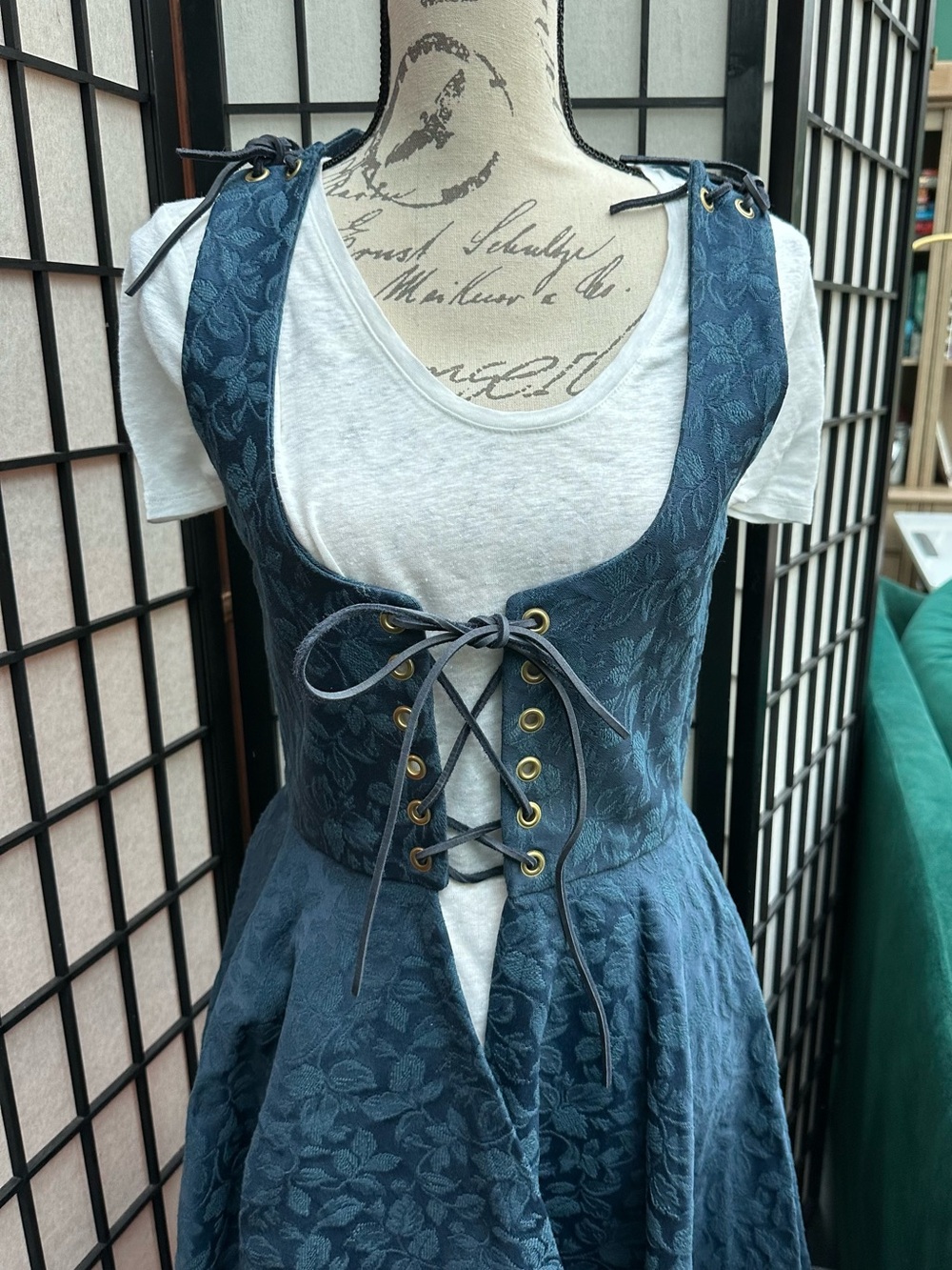 Lace-Up Floral Jacquard Dress in Teal